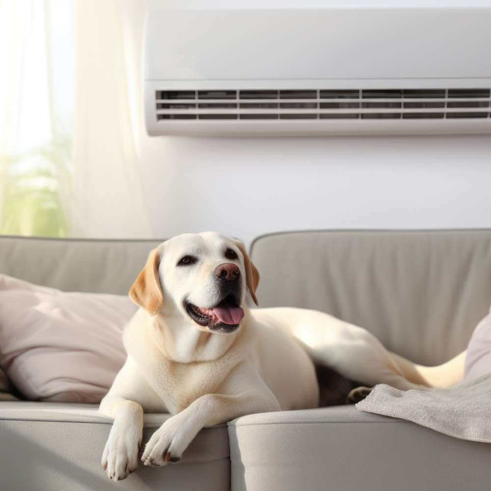Happy dog relaxing under a cool split system