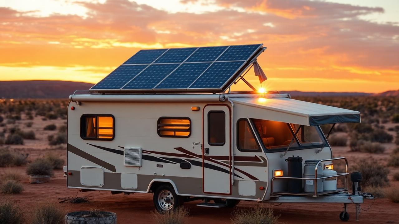 Caravan running off-grid with rooftop solar panels and battery system at sunset